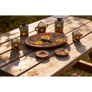 Vintage Miniature Sunflower Crow Tea Set Birdhouse Farmhouse Dollhouse Decor